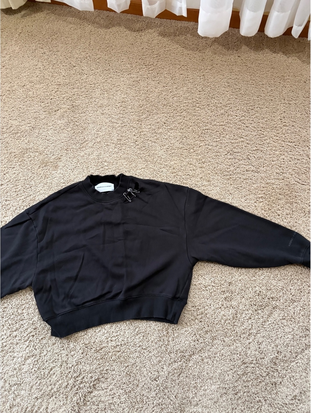 The Kooples Sport Distressed Crop Sweatshirt Black Silver Safety Pins Sz 1 Small